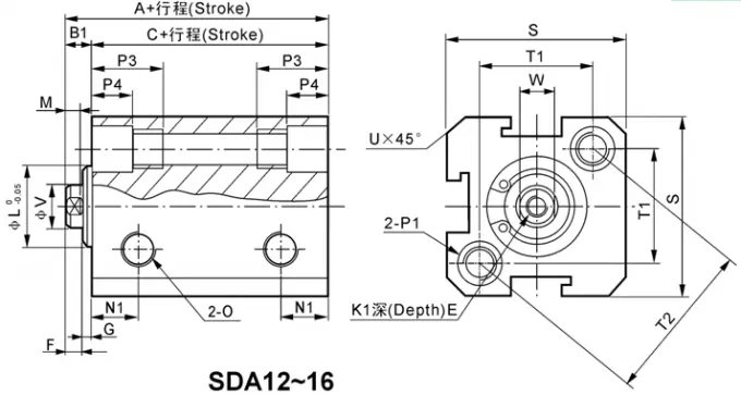 Compact double acting pneumatic cylinder installed in automated machinery