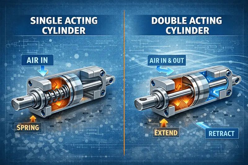 Comparison diagram of single acting cylinder vs double acting cylinder in pneumatic systems