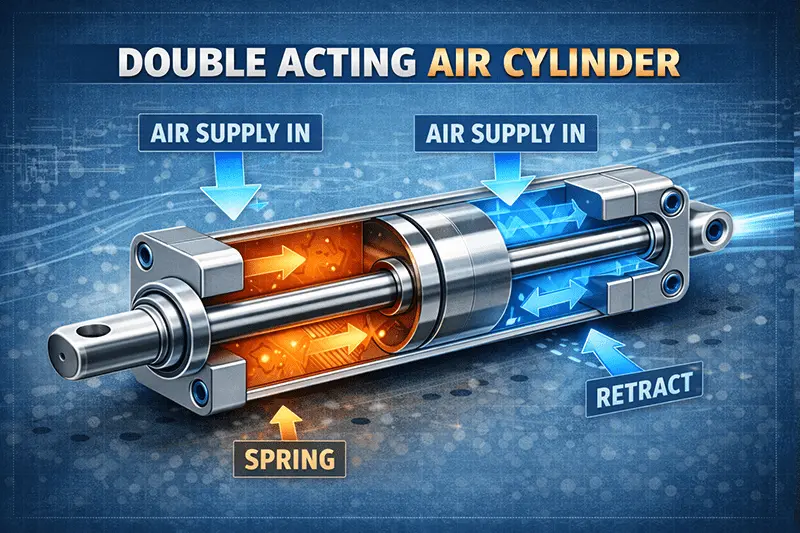 Double acting air cylinder showing air supply on both sides of piston