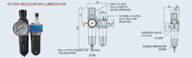 FRL unit consisting of filter, regulator, and lubricator for pneumatic air preparation