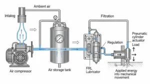 Industrial pneumatic system layout including compressor, FRL unit, valves, and cylinders