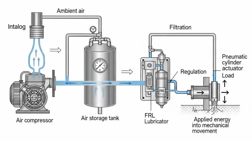 Industrial pneumatic system layout including compressor, FRL unit, valves, and cylinders