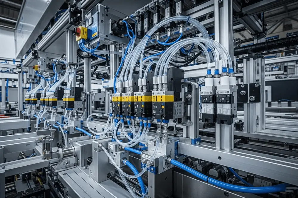 Industrial solenoid valve installed in a pneumatic automation system